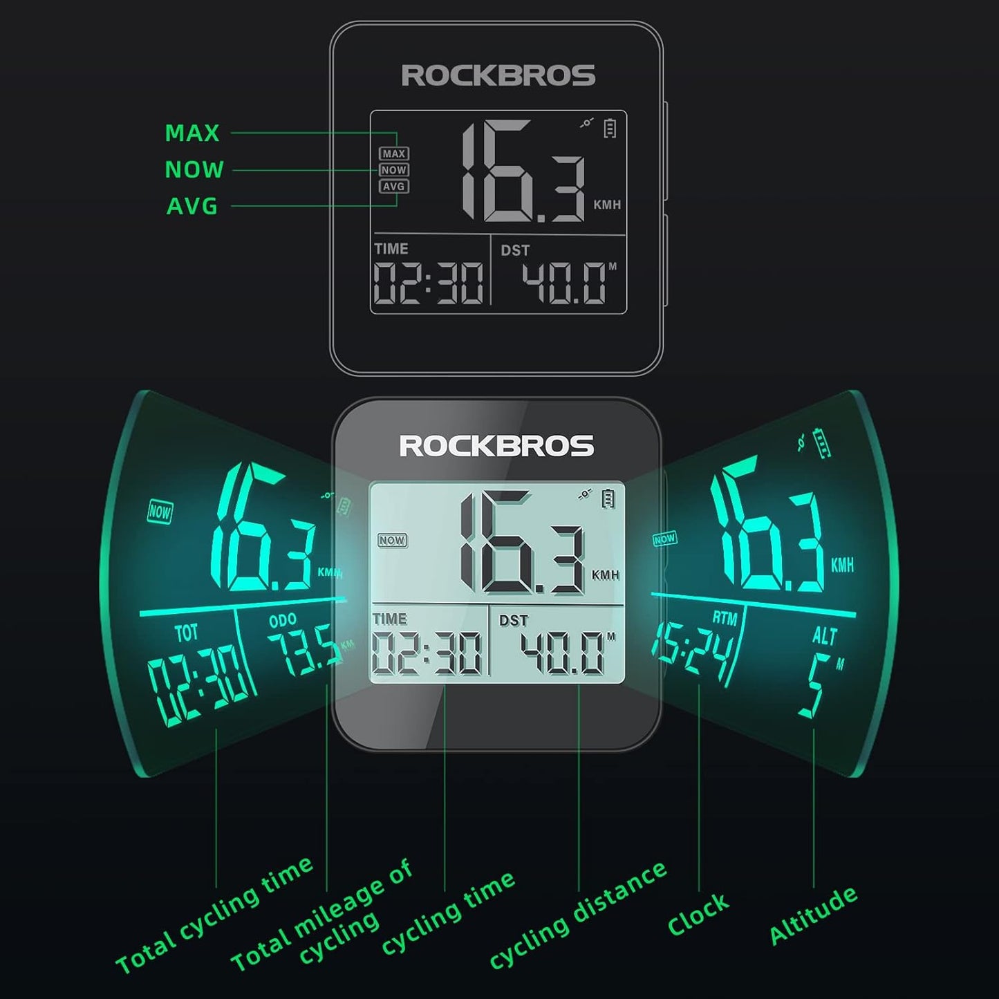 ROCKBROS GPS Bike Computer Accurate Wireless Speedometer with Backlight